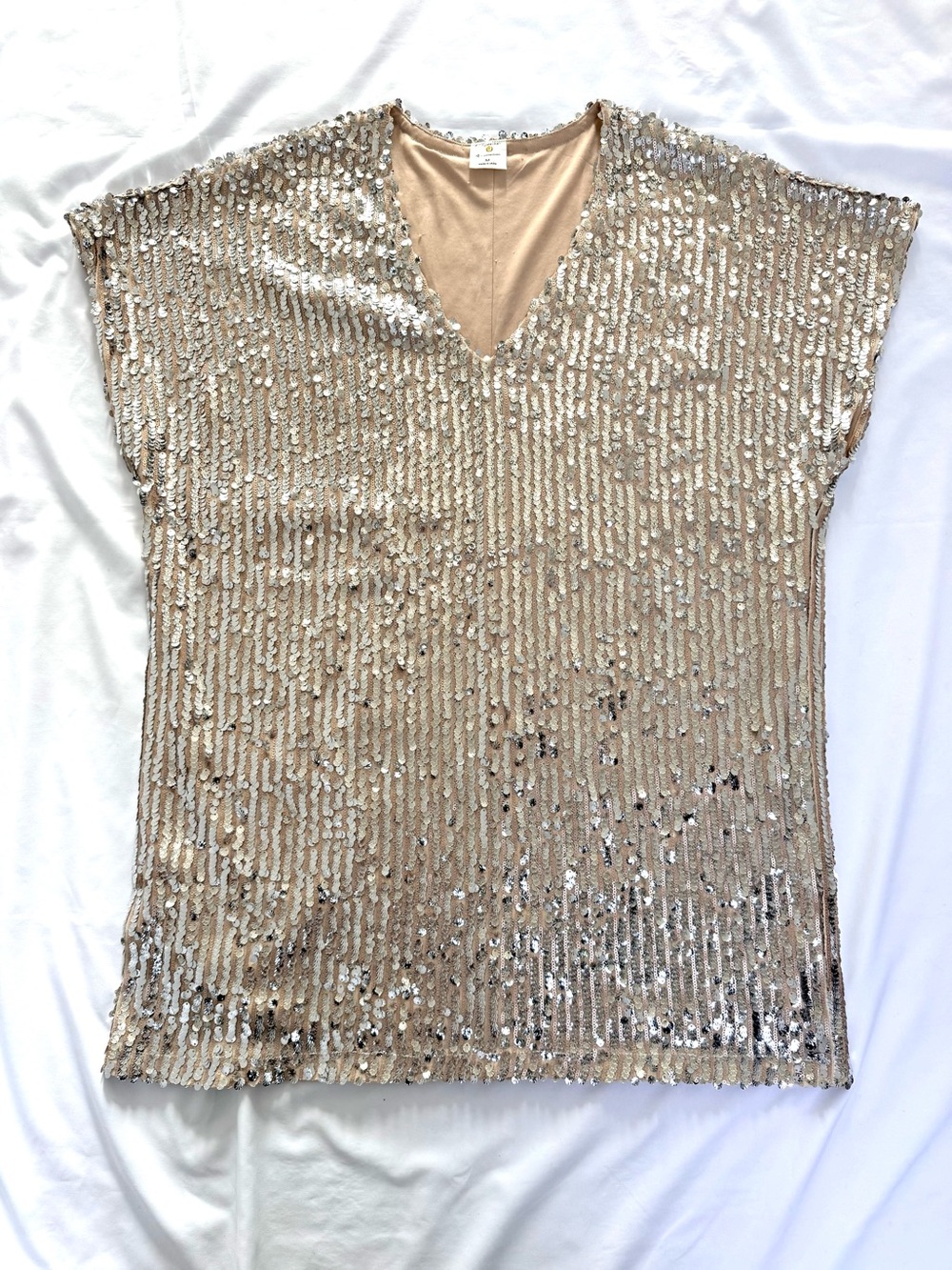 By Together Champagne Sequin V-Neck Short Sleeve Shift Mini Tunic Dress - Picture 8 of 11